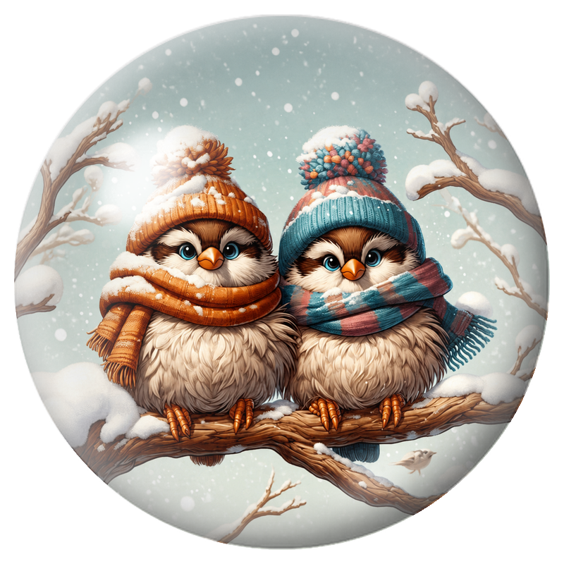 Cabochon en Verre Illustré Deux Hiboux Emmitouflés sous la Neige 12 à 25mm