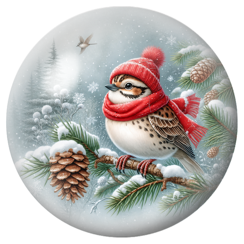 Cabochon en Verre Illustré Moineau au Bonnet Rouge sur une Branche de Sapin 12 à 25mm