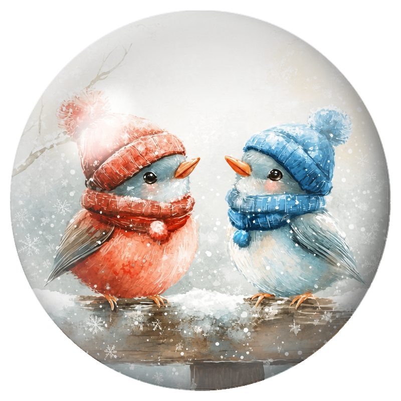 Cabochon en Verre Illustré Deux Oiseaux aux Bonnets Rouge et Bleu 12 à 25mm