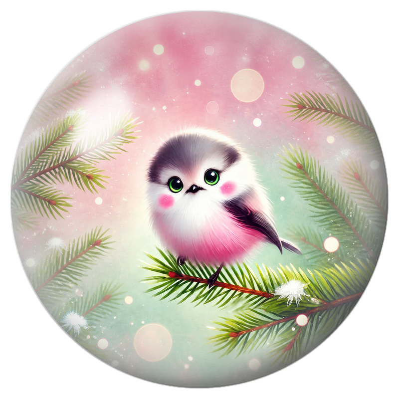 Cabochon en Verre Illustré Petit Oiseau Rose sur une Branche de Sapin 12 à 25mm