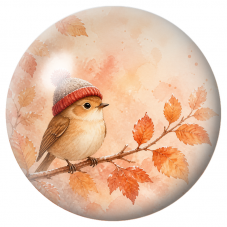 Cabochon en Verre Illustré Petit Oiseau au Bonnet dans les Feuilles Cuivrées 12 à 25mm pour la Création de Bijoux Fantaisie - DI