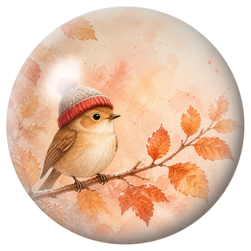 Cabochon en Verre Illustré Petit Oiseau au Bonnet dans les Feuilles Cuivrées 12 à 25mm