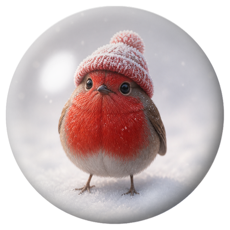 Cabochon en Verre Illustré Rougegorge au Bonnet Rouge dans la Neige 12 à 25mm