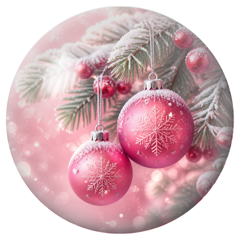 Cabochon en Verre Illustré Deux Boules Roses aux Flocons Argentés 12 à 25mm