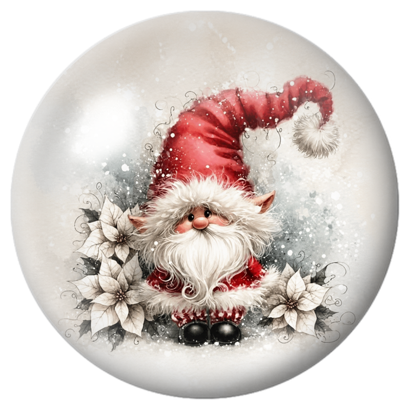 Cabochon en Verre Illustré Lutin de Noël parmi les Poinsettias Blancs 12 à 25mm