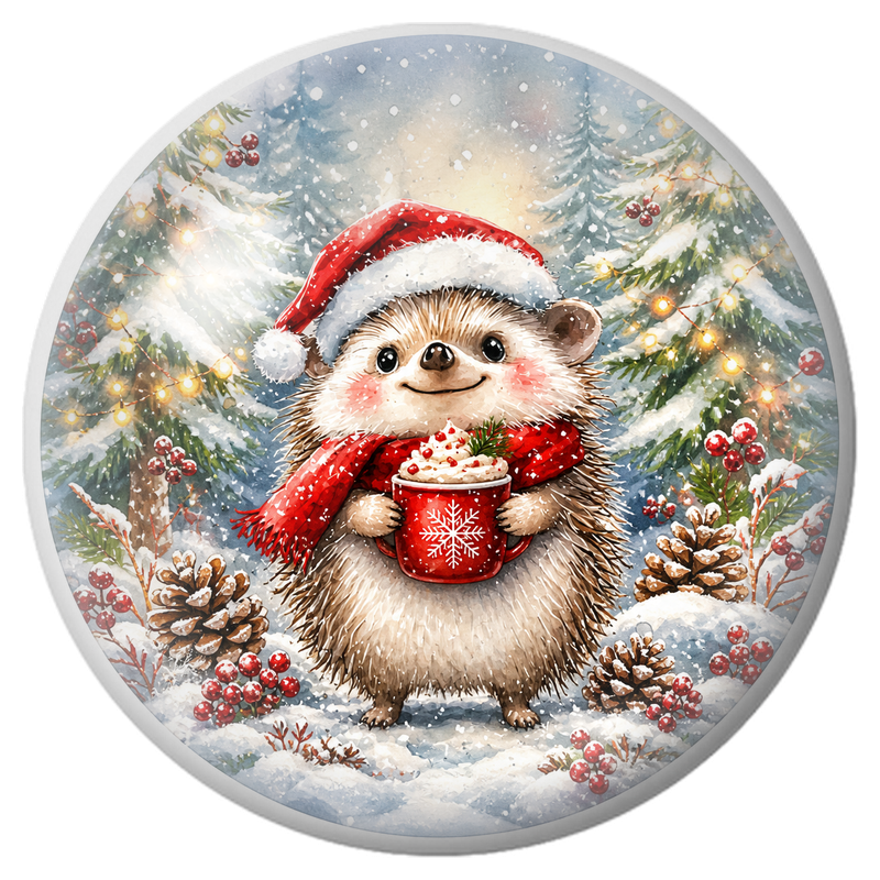 Cabochon en Verre Illustré Hérisson au Chocolat Chaud de Noël 12 à 25mm