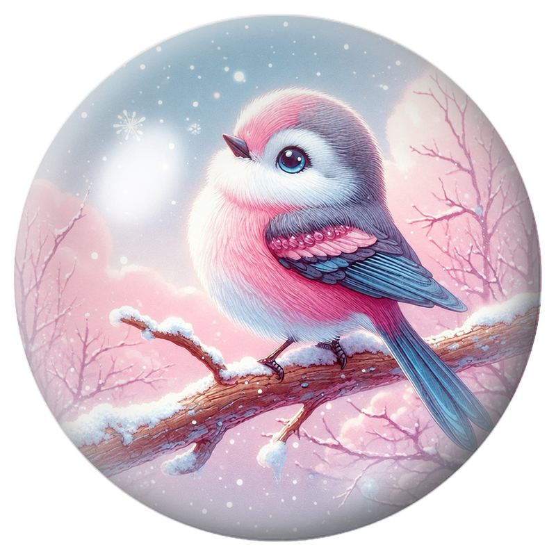 Cabochon en Verre Illustré Petit Oiseau Rose et Bleu sous la Neige 12 à 25mm
