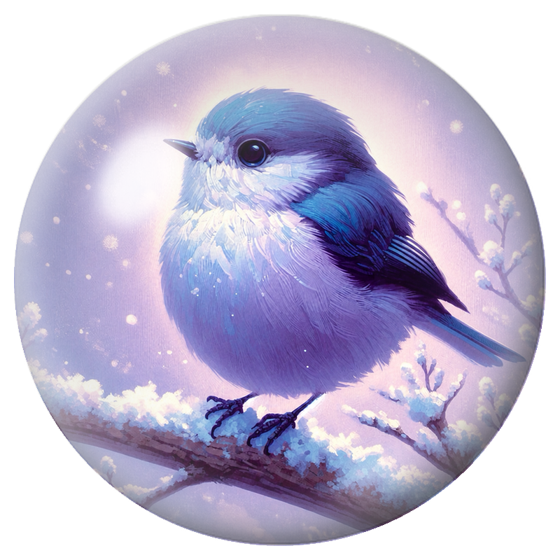 Cabochon en Verre Illustré Petit Oiseau Bleu dans la Lumière Mauve 12 à 25mm