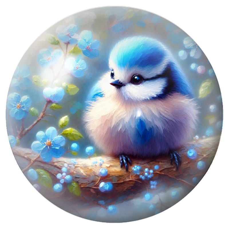 Cabochon en Verre Illustré Petit Oiseau Bleu parmi les Fleurs 12 à 25mm