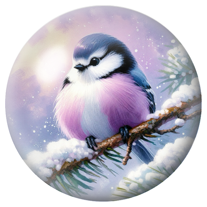 Cabochon en Verre Illustré Petit Oiseau Rose sur une Branche Enneigée 12 à 25mm