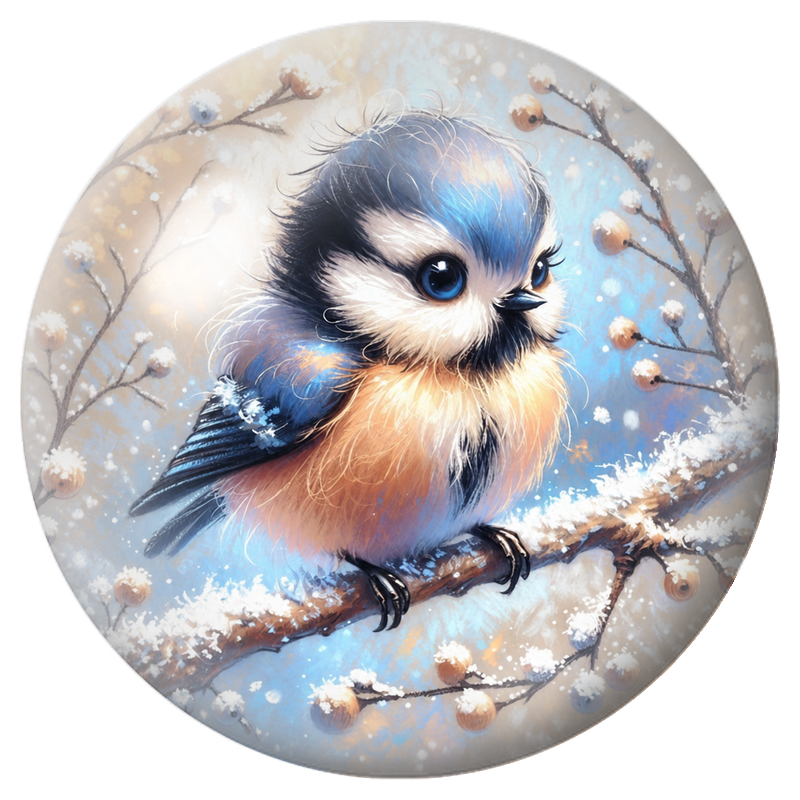 Cabochon en Verre Illustré Mésange Bleue parmi les Baies Givrées 12 à 25mm