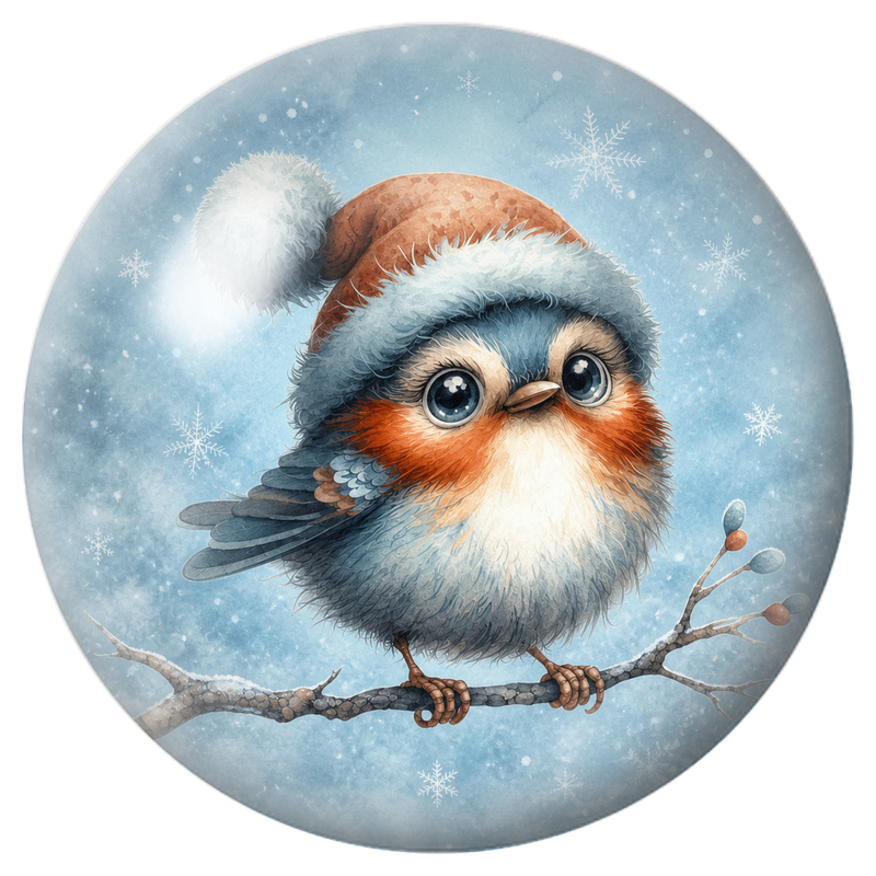 Cabochon en Verre Illustré Petit Oiseau au Bonnet Orange sous les Flocons 12 à 25mm