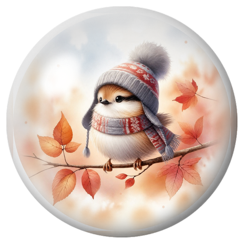 Cabochon en Verre Illustré Petit Oiseau au Bonnet Gris dans les Feuilles Rouges 12 à 25mm