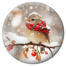Cabochon en Verre Illustré Petit Oiseau à l’Écharpe Écossaise sous la Neige 12 à 25mm pour la Création de Bijoux Fantaisie - DIY
