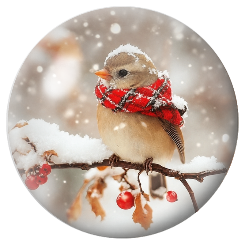 Cabochon en Verre Illustré Petit Oiseau à l’Écharpe Écossaise sous la Neige 12 à 25mm