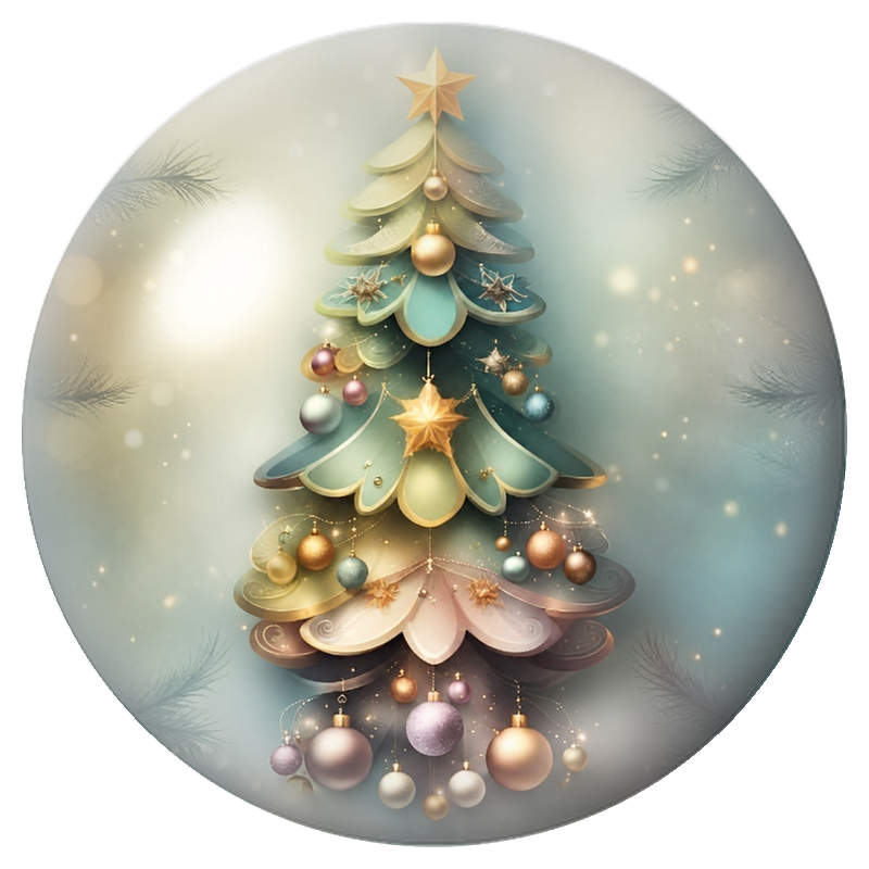 Cabochon en Verre Illustré Sapin de Noël Pastel aux Ornements Dorés 12 à 25mm