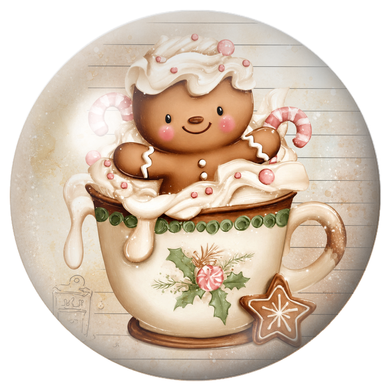 Cabochon en Verre Illustré Bonhomme en Pain d’Épices dans une Tasse 12 à 25mm