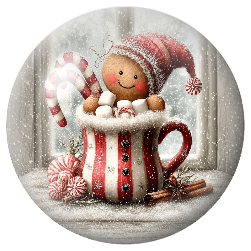 Cabochon en Verre Illustré Bonhomme en Pain d’Épices dans un Mug Rayé 12 à 25mm