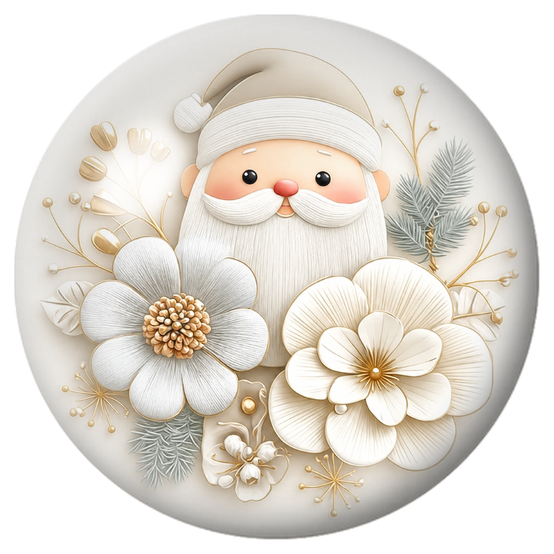 Cabochon en Verre Illustré Père Noël parmi les Fleurs Blanches et Dorées 12 à 25mm