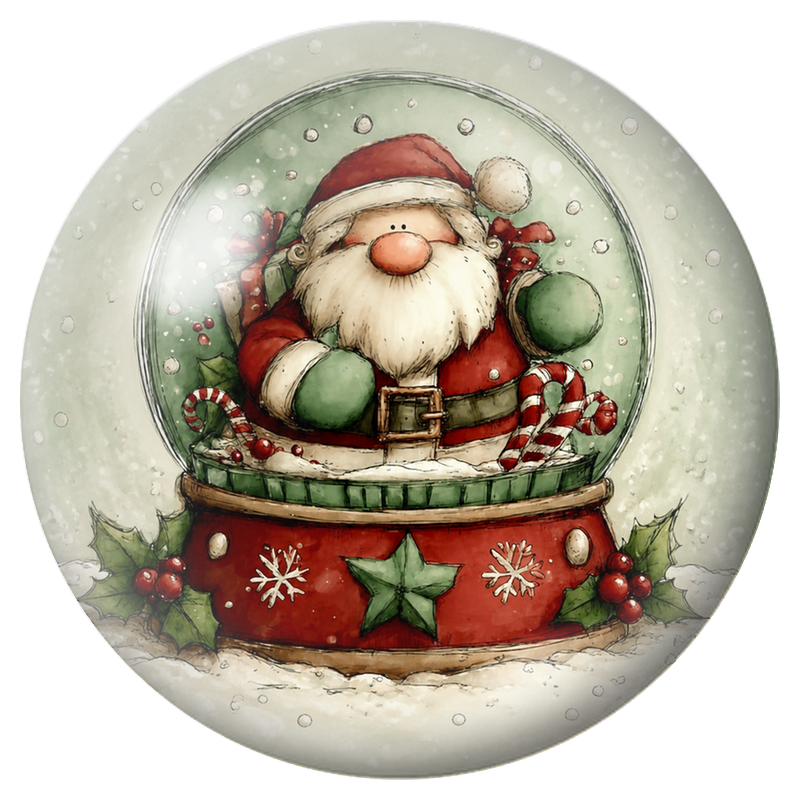 Cabochon en Verre Illustré Père Noël dans une Boule à Neige Rouge et Verte 12 à 25mm