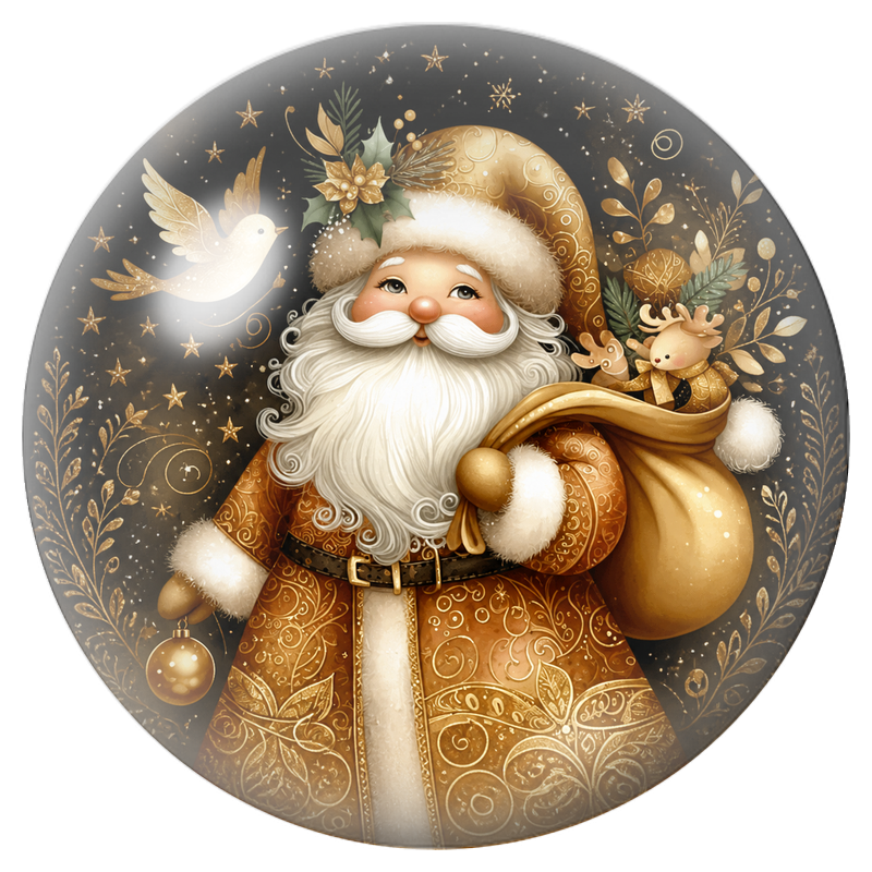 Cabochon en Verre Illustré Père Noël Doré et Petit Renne 12 à 25mm