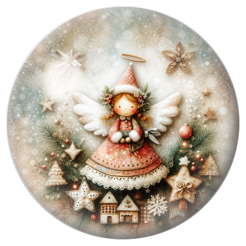 Cabochon en Verre Illustré Ange de Noël au Village Miniature 12 à 25mm