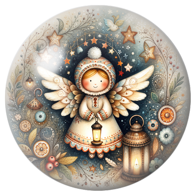 Cabochon en Verre Illustré Ange d’Hiver aux Lanternes 12 à 25mm