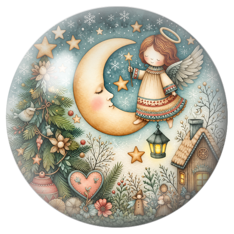 Cabochon en Verre Illustré Ange à la Baguette sur la Lune 12 à 25mm