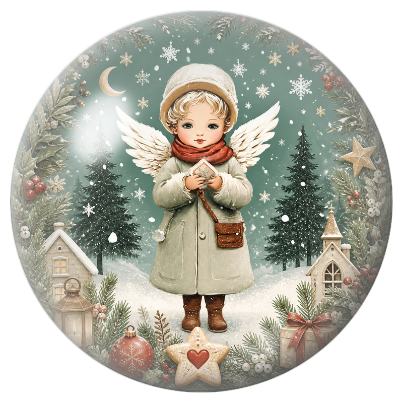 Cabochon en Verre Illustré Ange Messager dans la Forêt Enneigée 12 à 25mm
