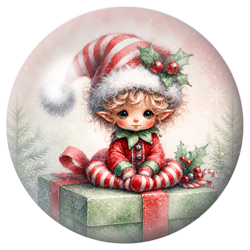 Cabochon en Verre Illustré Petit Lutin Assis sur un Cadeau 12 à 25mm