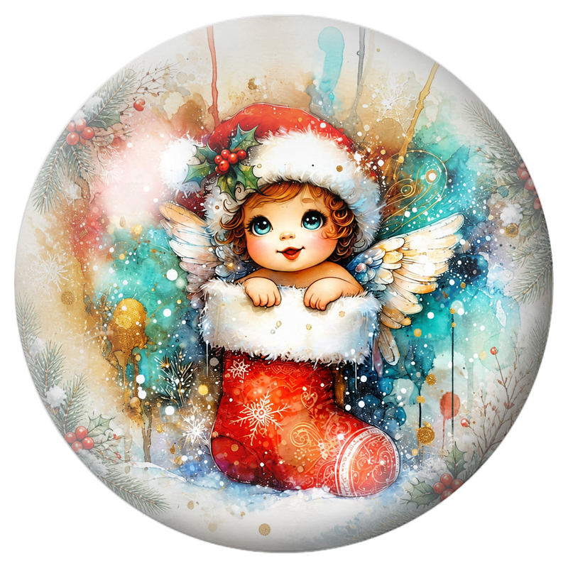 Cabochon en Verre Illustré Bébé Ange dans une Chaussette de Noël 12 à 25mm