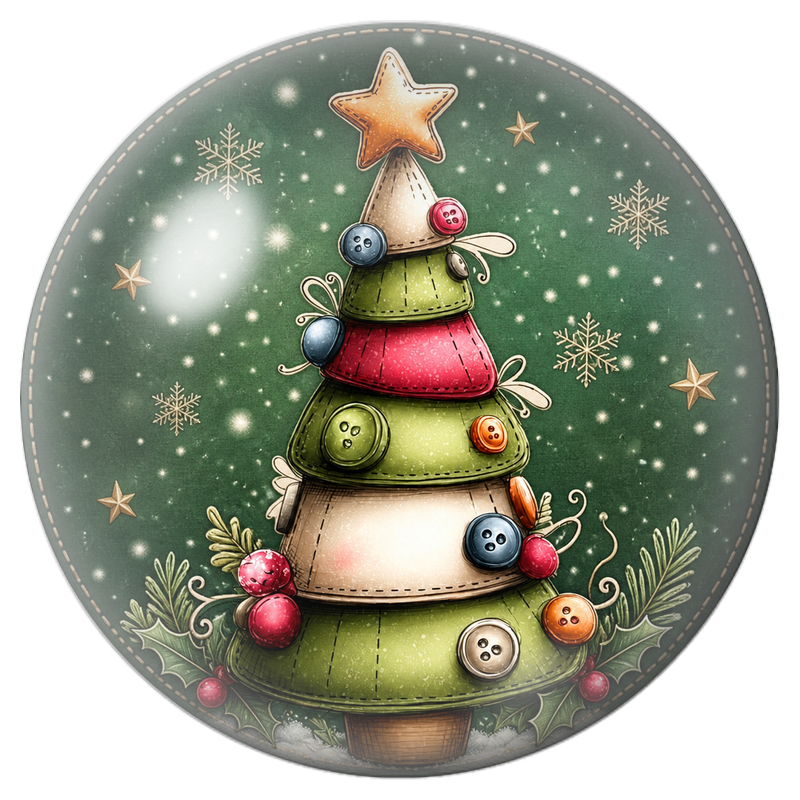 Cabochon en Verre Illustré Sapin de Noël en Tissu et Boutons 12 à 25mm