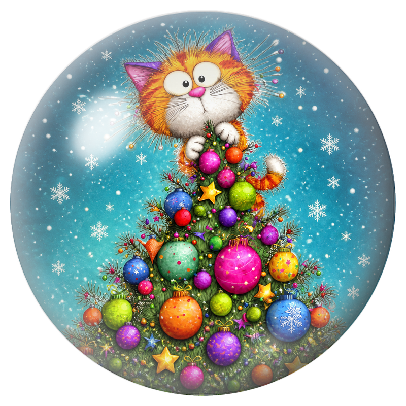 Cabochon en Verre Illustré Chat Roux au Sommet du Sapin Coloré 12 à 25mm