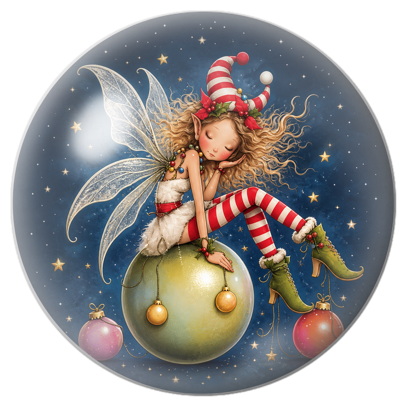 Cabochon en Verre Illustré Fée de Noël Assise sur une Boule Verte 12 à 25mm