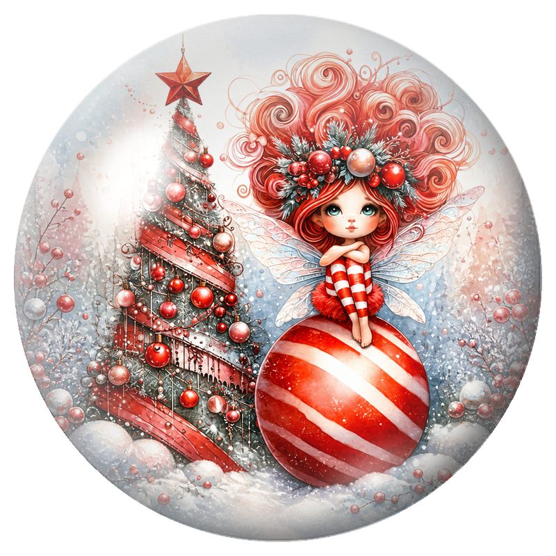 Cabochon en Verre Illustré Fée Rousse sur une Boule Rayée Rouge 12 à 25mm