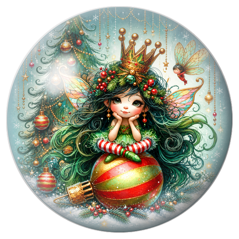 Cabochon en Verre Illustré Reine Fée de Noël sur une Boule Rayée 12 à 25mm