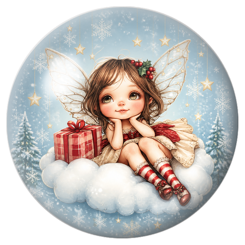 Cabochon en Verre Illustré Fée de Noël sur un Nuage avec son Cadeau 12 à 25mm