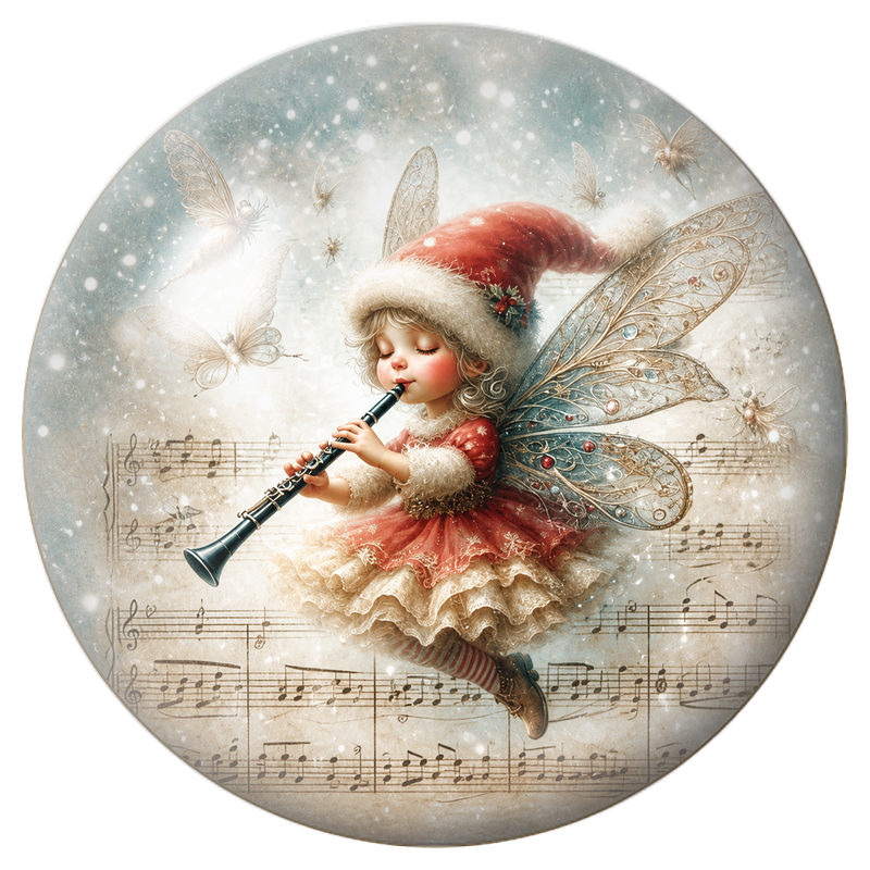 Cabochon en Verre Illustré Fée de Noël Jouant de la Clarinette 12 à 25mm