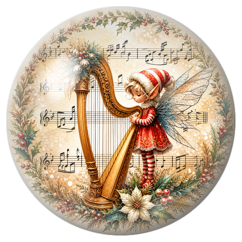 Cabochon en Verre Illustré Fée de Noël Jouant de la Harpe 12 à 25mm