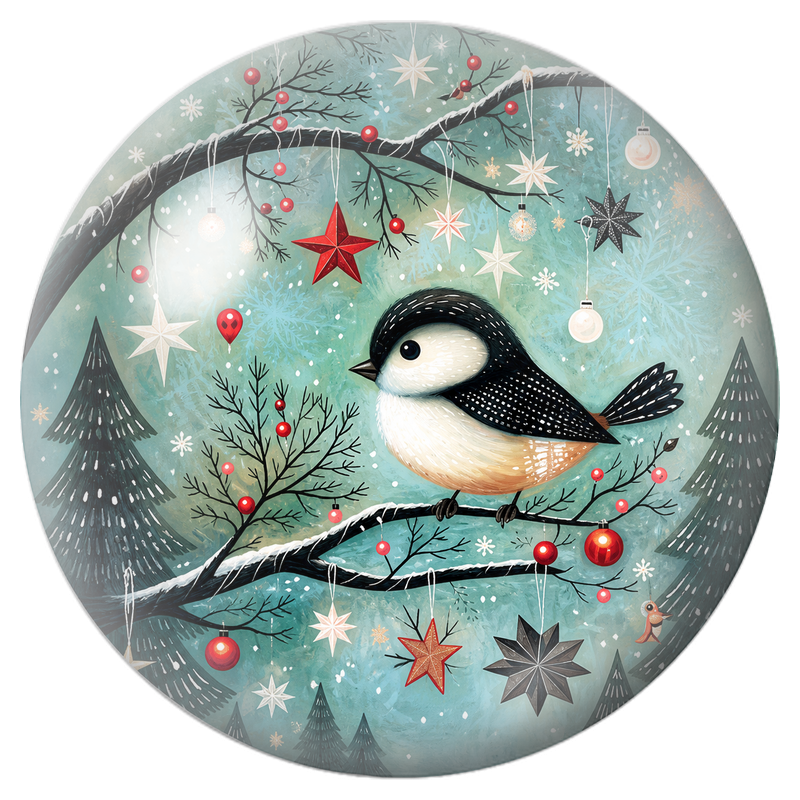 Cabochon en Verre Illustré Mésange parmi les Étoiles de Noël 12 à 25mm