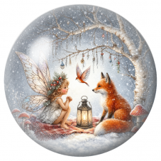 Cabochon en Verre Illustré Fée d’Hiver avec un Renard et un Rouge-Gorge 12 à 25mm pour la Création de Bijoux Fantaisie - DIY