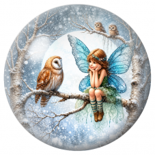 Cabochon en Verre Illustré Fée Bleue avec une Chouette sous la Neige 12 à 25mm pour la Création de Bijoux Fantaisie - DIY