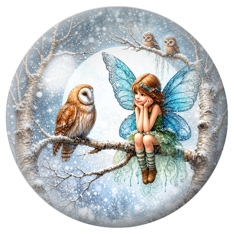 Cabochon en Verre Illustré Fée Bleue avec une Chouette sous la Neige 12 à 25mm