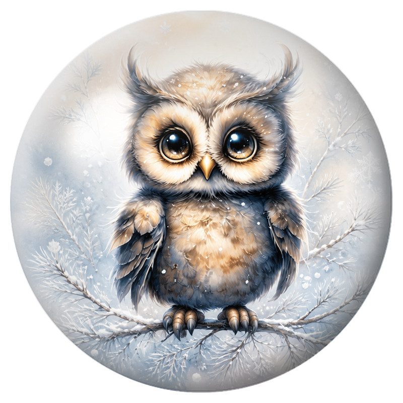 Cabochon en Verre Illustré Hibou aux Grands Yeux dans la Neige 12 à 25mm