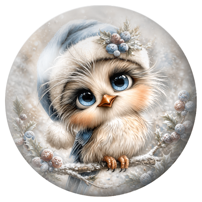 Cabochon en Verre Illustré Chouette de Noël au Bonnet Bleu 12 à 25mm