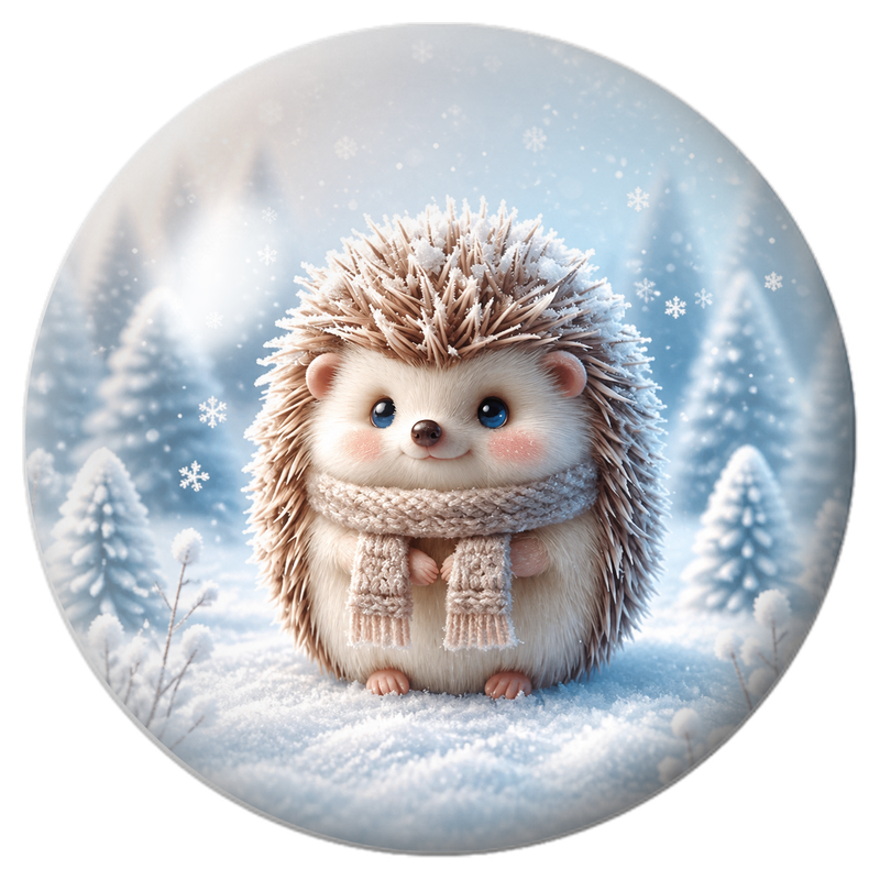 Cabochon en Verre Illustré Hérisson à l’Écharpe dans la Neige 12 à 25mm