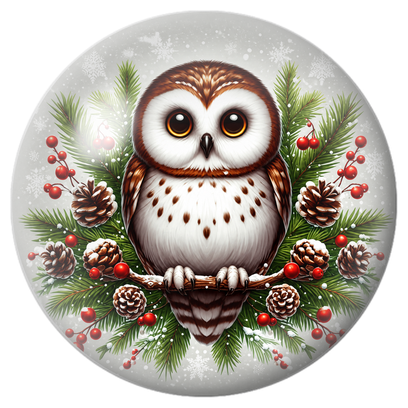 Cabochon en Verre Illustré Chouette de Noël aux Baies Rouges 12 à 25mm