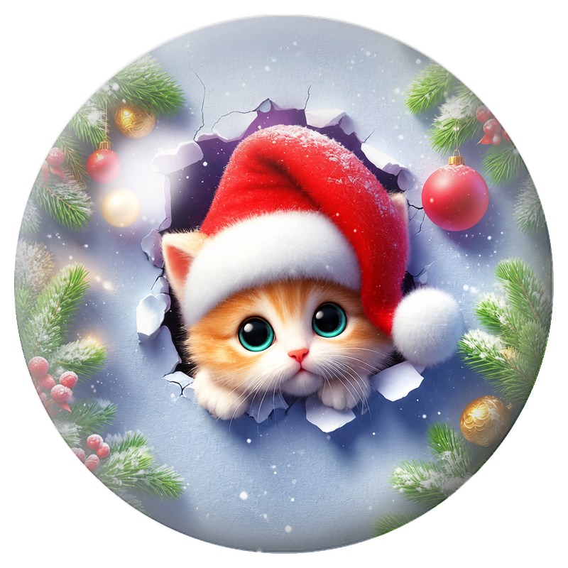 Cabochon en Verre Illustré Chaton de Noël traversant le Mur 12 à 25mm