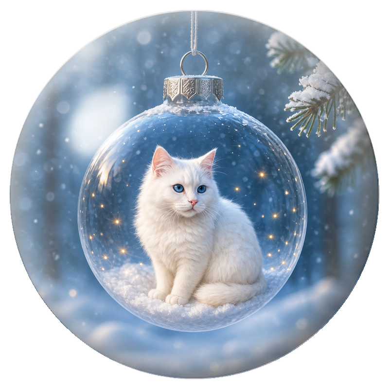 Cabochon en Verre Illustré Chat Blanc dans une Boule de Noël Transparente 12 à 25mm