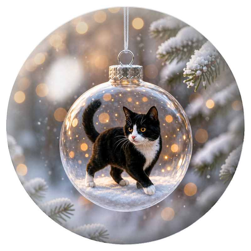 Cabochon en Verre Illustré Chat Noir et Blanc dans une Boule de Noël 12 à 25mm